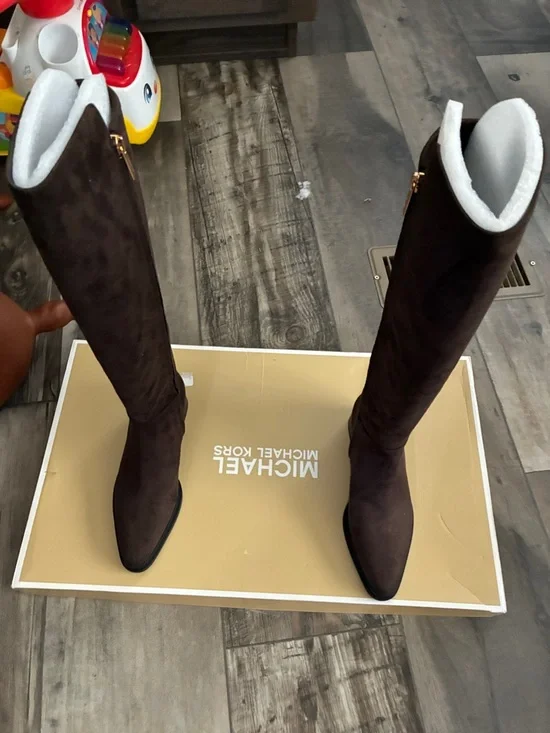 Michael Kors Dark Brown Suede Over-the-Knee Boots with Gold-Tone Zip - Picture 1 of 7